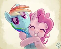  2012 annoyed closed_eyes duo earth_pony equid equine female feral friendship_is_magic hair hasbro horse hug mammal multicolored_hair my_little_pony pink_hair pinkie_pie_(mlp) pony purple_eyes rainbow_dash_(mlp) signature smile teeth whitediamonds 