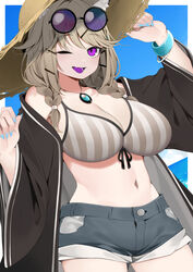  animal_ear_fluff animal_ears arknights bikini black_jacket blue_background blue_nails blue_shorts blue_wristband braid breasts brown_bikini brown_hair brown_hat cleavage colored_tongue commentary cowboy_shot e_draw_paint eyewear_on_head female hair_ornament hairclip hand_on_headwear hands_up hat jacket large_breasts long_hair looking_at_viewer navel off_shoulder official_alternate_costume one_eye_closed open_clothes open_jacket open_mouth purple_eyes purple_tongue revision short_shorts shorts solo stomach straw_hat striped_bikini striped_clothes sunglasses swimsuit tinted_eyewear twin_braids utage_(arknights) utage_(summer_flowers)_(arknights) white_bikini 