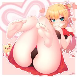  akai_haato akai_haato_(hololive_summer_2019) aqua_eyes ass barefoot blonde_hair blush border breasts cameltoe closed_mouth clothing_request commentary_request eyelashes feet female haaton_(akai_haato) hair_bun hair_ornament heart heart_background heart_hair_ornament highres hololive large_breasts long_hair looking_at_viewer official_alternate_costume official_alternate_hairstyle outside_border signature single_side_bun soles thighs toes tsumumi_(ozakiyo) virtual_youtuber white_border 