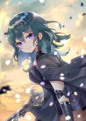  absurdres blue_eyes blue_hair byleth_(female)_(fire_emblem) byleth_(fire_emblem) closed_mouth female fire_emblem fire_emblem:_three_houses from_side highres holding holding_sword holding_weapon looking_to_the_side pantyhose petals smile solo sword sword_of_the_creator upper_body weapon yutsuchi 