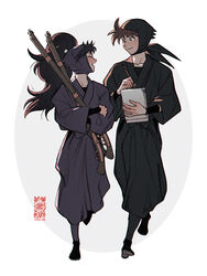  2boys ^_^ arm_guards black_footwear black_hair black_headwear black_pants brown_hair closed_eyes crossed_arms doi_hansuke full_body grey_background gun hair_tubes head_scarf high_ponytail highres holding holding_notebook holding_pen ine_(zx_o4) japanese_clothes jika-tabi kukuchi_heisuke long_hair long_sleeves looking_at_another looking_away looking_to_the_side male_focus multiple_boys ninja notebook pants pen ponytail profile purple_headwear purple_pants rakudai_ninja_rantarou rifle shoe_soles smile walking weapon white_background 