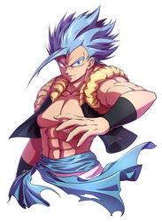  1boy abs blue_eyes blue_hair blue_sash dragon_ball dragon_ball_super gogeta male_focus metamoran_vest muscular muscular_male pectorals sash shumai_(sm318) simple_background smile solo super_saiyan super_saiyan_blue upper_body white_background 