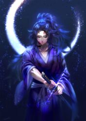  1boy black_hair black_hakama blue_background blue_hair coma2 crescent_moon facial_mark floating_hair hakama hakama_skirt high_ponytail highres holding holding_sheath holding_sword holding_weapon japanese_clothes kimetsu_no_yaiba kimono long_hair male_focus moon multicolored_hair print_kimono purple_kimono sheath signature skirt solo sword tsugikuni_michikatsu unsheathing very_long_hair weapon 