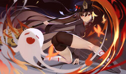  ass black_footwear black_hat black_shirt black_shorts boo_tao_(genshin_impact) bright_pupils brown_hair commentary female fire floating_hair flower genshin_impact ghost grin hat hat_flower highres holding holding_polearm holding_weapon hu_tao_(genshin_impact) kneehighs long_hair long_sleeves looking_at_viewer ocarino plum_blossoms polearm red_eyes shirt shoes short_shorts shorts smile socks solo spear tailcoat thighs twintails very_long_hair vision_(genshin_impact) weapon white_socks 