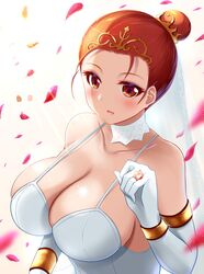  absurdres blush breasts cleavage dragon_quest dragon_quest_viii dress female highres jessica_albert jewelry large_breasts orange_eyes orange_hair ornate_ring ring shiny_skin simple_background solo wedding_dress wedding_ring yuki_mizore 