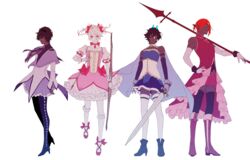  4boys akemi_homura akemi_homura_(cosplay) akemi_homura_(magical_girl) argyle_clothes argyle_legwear arjuna_(fate) arjuna_alter_(fate) ashwatthama_(fate) bare_shoulders bishounen black_eyes black_hair black_pantyhose black_thighhighs blue_footwear boots bow bow_(weapon) cape capelet cosplay crossdressing dark-skinned_male dark_skin detached_sleeves eyeshadow fate/grand_order fate_(series) forehead_jewel fuka_(hk_nemo) full_body gem gloves glowing_horns hair_between_eyes hair_ribbon hairband high_heels highres horns jewelry kaname_madoka kaname_madoka_(cosplay) kaname_madoka_(magical_girl) karna_(fate) lance looking_at_viewer magical_boy mahou_shoujo_madoka_magica mahou_shoujo_madoka_magica_(anime) makeup male_focus miki_sayaka miki_sayaka_(cosplay) miki_sayaka_(magical_girl) multiple_boys over_shoulder pale_skin pantyhose pleated_skirt polearm ponytail revealing_clothes ribbon sakura_kyoko sakura_kyoko_(cosplay) sakura_kyoko_(magical_girl) shorts skirt sword thighhighs twintails weapon weapon_over_shoulder white_legwear 