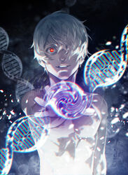  1boy akakokko_(niro_azarashi) birdmen crazy_smile dna grey_hair hair_over_one_eye looking_at_viewer open_mouth outstretched_hand red_eyes short_hair smile topless_male 