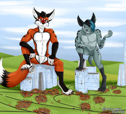  absurd_res anthro blue_hair building canid canine car cartoonistdalmatian city crush crushed_micros damaged_building destruction digital_media_(artwork) duo ear_piercing extreme_size_difference featureless_crotch fire foot_crush footprint fox fur fur_markings grey_body grey_fur hair hi_res hyena larger_anthro macro male male/male mammal markings mass_crush outside pawprint piercing rampage red_body red_fox red_fur redrick_(erickredfox) road sitting sitting_on_building size_difference smaller_anthro smile smiling_at_viewer stepped_on stomping true_fox underfoot vehicle 