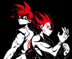  2boys black_background blood blood_on_face dragon_ball dragon_ball_super limited_palette looking_at_viewer male_focus multiple_boys parted_lips putting_on_gloves red_eyes red_hair shumai_(sm318) simple_background son_goku spiked_hair spot_color super_saiyan super_saiyan_god vegeta 