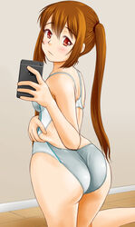  ass brown_hair cellphone commentary_request competition_swimsuit cowboy_shot female grey_one-piece_swimsuit highres iphone long_hair looking_at_viewer looking_back one-piece_swimsuit original phone red_eyes smartphone solo standing swimsuit thick_thighs thighs tk4 twintails 