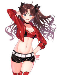  :d absurdres ahoge bad_id bad_pixiv_id belt belt_buckle black_bow black_shorts blue_eyes boots bow bra breasts brown_hair buckle choker cleavage collarbone cowboy_shot crop_top fate/stay_night fate_(series) female floating_hair groin hairbow hand_in_own_hair hand_on_own_hip highres jacket long_hair long_sleeves looking_at_viewer lq_saku medium_breasts midriff navel official_alternate_costume open_clothes open_jacket open_mouth race_queen red_bra red_footwear red_jacket satin satin_bra shiny_clothes shiny_skin short_shorts shorts side_slit simple_background smile solo standing stomach thigh_boots thigh_gap thighhighs tohsaka_rin tohsaka_rin_(type-moon_racing) underwear very_long_hair white_background white_belt 