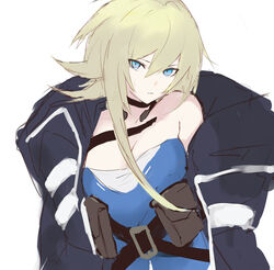  ak-74u_(girls&#039;_frontline) bare_shoulders belt black_choker blonde_hair blue_eyes blue_jacket blue_shirt breasts choker closed_mouth commentary_request female ff_frbb122 girls&#039;_frontline highres holster jacket long_hair looking_at_viewer open_clothes open_jacket partial_commentary shirt solo white_background 