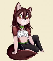  2020 anthro brown_hair canid canine canis countershading digital_media_(artwork) feet female fingers hair hi_res mammal midriff navel sitting skylar_zero smile solo toes trexqueen wolf yellow_eyes 