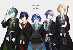  4boys :d absurdres ahoge alternate_costume antenna_hair aqua_hair ashe_bradley bamu_(bamu0504) black_cloak black_eyes black_pants black_skirt blonde_hair blue_bow blue_eyes blue_hair blue_hairband blush book bow bow_hairband braid broom claire_elford cloak closed_mouth collared_shirt commentary copyright_name cowboy_shot crescent crescent_earrings crossed_bangs dyed_ahoge earrings english_text expressionless female gradient_hair green_bow grey_legwear grey_sweater_vest hair_between_eyes hair_over_one_eye hair_tubes hairband hairbow harry_potter_(series) highres hogwarts_school_uniform holding holding_book holding_broom holding_wand hood hooded_cloak jewelry lineup long_hair looking_at_viewer multicolored_hair multiple_boys necktie noel_levine pants pantyhose purple_hair red_eyes red_hair school_uniform shirt short_hair single_braid single_earring sirius_gibson skirt smile straight-on streaked_hair striped_necktie sweater_vest two-sided_fabric untucked_shirt v-shaped_eyebrows wand white_background white_shirt wilardo_adler witch&#039;s_heart wizarding_world yellow_eyes 