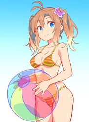  ball beachball bikini blue_eyes breasts brown_hair cleavage female flower hair_flower hair_ornament navel orange_bikini original smile solo striped striped_bikini swimsuit twintails wanaca 