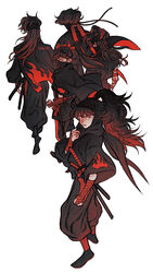  5boys arm_guards black_cape black_footwear black_headwear black_pants black_scarf bridal_gauntlets brown_hair cape character_name covered_mouth doi_hansuke facing_away fishnet_legwear fishnets flame_print hair_tubes head_scarf headband high_ponytail highres hip_vent ine_(zx_o4) japanese_clothes jika-tabi long_hair long_sleeves looking_at_viewer looking_back male_focus mask mask_pull mouth_mask multiple_boys ninja ninja_mask pants ponytail print_cape puffy_pants rakudai_ninja_rantarou red_eyes red_ribbon red_theme ribbon rope scarf short_hair simple_background solo_focus standing sword two-sided_cape two-sided_fabric walking weapon white_background wide_sleeves 