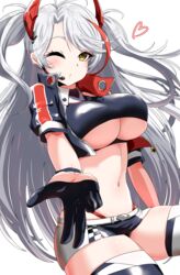  azur_lane black_gloves blowing_kiss breasts checkered_clothes cowboy_shot crop_top cropped_jacket female gloves grey_hair half_gloves halterneck headset heart highres houshi large_breasts long_hair looking_at_viewer midriff miniskirt navel official_alternate_costume one_eye_closed panty_straps prinz_eugen_(azur_lane) prinz_eugen_(final_lap)_(azur_lane) puckered_lips race_queen short_sleeves simple_background skirt solo stomach swept_bangs thighhighs two_side_up underboob very_long_hair white_background yellow_eyes 