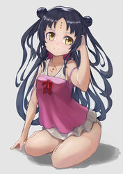  arm_up black_hair brown_eyes camisole commentary double_bun facial_mark fate/grand_order fate_(series) female forehead forehead_mark grey_background hair_bun hand_in_own_hair lolicon long_hair one-piece_swimsuit pink_camisole sessyoin_kiara sessyoin_kiara_(lily) simple_background sitting smile solo swimsuit thighs very_long_hair white_one-piece_swimsuit wujiemang 