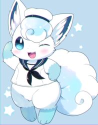  :3 alolan_vulpix arm_up bare_shoulders black_neckerchief blue_background blue_sailor_collar blush bottomless chromatic_aberration clothed_pokemon commentary_request full_body hand_on_own_hip happy hat highres kemoribon looking_at_viewer neckerchief no_humans oerba_yun_fang one_eye_closed open_mouth pokemon pokemon_(creature) sailor_collar salute shirt simple_background sleeveless sleeveless_shirt smile solo standing star_(symbol) white_hat white_shirt 