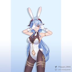  ahoge alternate_costume animal_ears armpits blue_background blue_hair bodystocking breasts clothing_cutout curled_horns dm_(nguyen_dm95) english_commentary fake_animal_ears female ganyu_(genshin_impact) genshin_impact gloves goat_horns heart heart_hands horns large_breasts leotard long_hair looking_at_viewer navel navel_cutout necktie pantyhose pixiv_id playboy_bunny purple_eyes rabbit_ears rabbit_tail short_necktie smile solo standing striped striped_background tail twitter_username upper_body white_gloves white_leotard white_necktie wrist_cuffs 