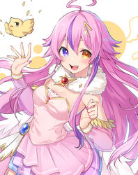  ahoge asahi_nano bird breasts cleavage commission detached_sleeves dress female fur_scarf heterochromia indie_virtual_youtuber kgr long_hair looking_to_the_side medium_breasts mole mole_on_breast mole_under_mouth open_hand orange_eyes pink_dress purple_eyes purple_nails see-through see-through_sleeves skeb_commission smile solo very_long_hair virtual_youtuber 