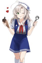  antenna_hair blue_shorts blue_vest casual commentary_request feet_out_of_frame female food green_eyes grey_hair hair_tie hat heart highres ice_cream ice_cream_cone ice_cream_scoop kantai_collection kinugasa_(kancolle) kinugasa_kai_ni_(kancolle) kneehighs looking_at_viewer morinaga_miki neckerchief one_eye_closed one_side_up red_neckerchief sailor_hat shirt shorts simple_background single_scoop smile socks solo stranger_things striped_clothes striped_shirt tongue tongue_out vest white_background white_hat white_socks 