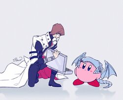  1boy blue-eyes_white_dragon blue_eyes brown_hair card commentary_request crossover hat kaiba_seto kirby kirby_(series) looking_at_another male_focus moneko on_one_knee red_footwear short_hair standing suitcase yu-gi-oh! yu-gi-oh!_duel_monsters 