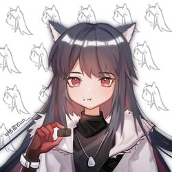  :t animal_ears arknights artist_name black_hair black_shirt chocolate coat eating female food food_on_face fur-trimmed_coat fur_trim gloves graykn hand_up highres holding holding_chocolate holding_food jewelry long_hair looking_at_viewer necklace portrait red_eyes red_gloves red_hair shirt solo straight-on texas_(arknights) texas_(winter_messenger)_(arknights) watch white_background white_coat winter_clothes winter_coat wolf_ears wristwatch 