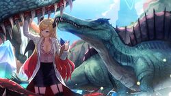  ark_survival_evolved black_horns blonde_hair blue_eyes breast_tattoo breasts cleavage commentary_request demon_girl demon_horns demon_wings dinosaur female highres hololive horn_ornament horn_ring horns inspecting lab_coat large_breasts long_hair namako_(namacotan) open_mouth pointy_ears single_sidelock sky solo spinosaurus swept_bangs tattoo thighhighs virtual_youtuber winged_heart wings yuzuki_choco yuzuki_choco_(1st_costume) 