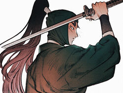  1boy arm_guards brown_hair frown green_headwear hair_tubes hand_up head_scarf high_ponytail holding holding_sword holding_weapon ine_(zx_o4) japanese_clothes long_hair long_sleeves looking_away making-of_available male_focus ninja ponytail profile rakudai_ninja_rantarou simple_background solo sword tachibana_senzou unsheathed upper_body weapon white_background 