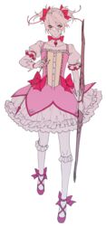  1boy arrow_(projectile) bishounen bow_(weapon) cosplay crossdressing eyeshadow fate/grand_order fate_(series) fuka_(hk_nemo) full_body gloves hair_between_eyes hair_ribbon highres kaname_madoka kaname_madoka_(cosplay) kaname_madoka_(magical_girl) karna_(fate) magical_boy mahou_shoujo_madoka_magica mahou_shoujo_madoka_magica_(anime) makeup male_focus pale_skin pantyhose ribbon shoes skirt solo thighhighs twintails weapon 