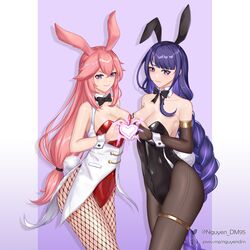  2girls alternate_costume animal_ears bare_shoulders black_bow black_bowtie black_pantyhose blush bow bowtie braid breasts cleavage collarbone dm_(nguyen_dm95) embarrassed english_text fake_animal_ears fishnet_pantyhose fishnets genshin_impact hair_between_eyes heart heart_hands heart_hands_duo large_breasts long_hair looking_at_viewer low-braided_long_hair low-tied_long_hair mitsudomoe_(shape) multiple_girls pantyhose pink_hair pixiv_id playboy_bunny purple_background purple_eyes purple_hair rabbit_ears rabbit_tail raiden_shogun smile standing striped striped_background tail thigh_strap thighs tomoe_(symbol) twitter_username upper_body v-shaped_eyebrows wrist_cuffs yae_miko 