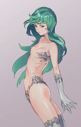  ass breasts female green_eyes green_hair highres kamizawa_(sark) long_hair looking_at_viewer mermaid mermaid_(megami_tensei) monster_girl navel scales shin_megami_tensei shin_megami_tensei_v simple_background small_breasts solo thighs white_background 