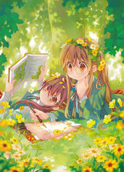  2girls absurdres awara_chikako book bow brown_eyes brown_hair cardigan flower flower_wreath forest ga_geijutsuka_art_design_class grass hair_flower hair_ornament head_on_hand head_rest head_wreath highres ink_bottle kiyuzuki_satoko long_hair long_sleeves lying multiple_girls nature neck_ribbon necktie nib_pen_(object) non-web_source notepad official_art on_back on_stomach pen photoshop_(medium) ponytail ribbon round_eyewear school_uniform shirt striped striped_bow striped_ribbon tree vest white_shirt writing yamaguchi_kisaragi yellow_flower 