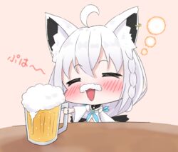  :d =_= ahoge alcohol animal_ear_fluff animal_ears beer beer_mug blue_neckwear blush braid brown_background chibi closed_eyes commentary_request cup detached_sleeves drunk ear_piercing female foam_mustache fox_ears fox_girl hair_between_eyes highres holding holding_cup hololive long_hair long_sleeves mug open_mouth piercing rururaroru shirakami_fubuki shirakami_fubuki_(1st_costume) simple_background smile solo virtual_youtuber white_hair white_sleeves wide_sleeves 