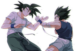  2boys bandaged_arm bandages black_eyes black_hair blue_shirt dragon_ball green_pants grey_shorts male_focus multiple_boys pants shirt shorts shumai_(sm318) simple_background sleeveless sleeveless_shirt son_goku sparring spiked_hair sweat training vegeta white_background white_shirt wristband 