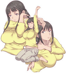  absurdres arms_up barefoot braid braided_ponytail breasts brown_eyes brown_hair brown_pants closed_eyes closed_mouth collarbone commentary eyelashes female frown full_body groin highres large_breasts long_hair midriff_peek multiple_views pants segawa_misato sena_monaco shirobako shirt sidelocks simple_background sitting stretching wariza wavy_mouth white_background yellow_shirt 