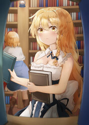  2girls alice_margatroid bare_shoulders black_dress blonde_hair blue_bow blue_dress book bookshelf bookshelf_pov boots bow braid breasts brooch capelet cleavage detached_collar dress frilled_dress frills hairband hairbow highres holding holding_book jewelry kirisame_marisa lamp light_blush long_hair multiple_girls red_hairband sefushi short_hair side_braid single_braid sleeveless touhou 