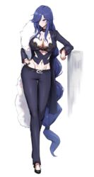  absurdly_long_hair absurdres alternate_breast_size azur_lane belt biloxi_(azur_lane) biloxi_(empress_in_the_silk_seat)_(azur_lane) black_belt black_bra black_choker black_footwear blue_eyes blue_hair blue_jacket blue_pants bra bra_peek braid breasts business_suit choker cleavage contrapposto crop_top crossed_legs dark_blue_hair feather_boa female formal full_body hair_over_one_eye hand_on_own_hip highres jacket lace-trimmed_bra lace_trim large_breasts long_hair long_sleeves looking_at_viewer low-tied_long_hair midriff navel pants shiroshisu simple_background single_braid solo standing suit underwear very_long_hair white_background 