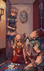  3girls absurdres arm_support ascot blonde_hair blue_hair candle candlelight candlestand cirno commentary crystal drawing_(object) english_commentary fire flandre_scarlet full_moon glowing glowing_wings grey_hair hat hat_ribbon highres holding holding_tray indoors izayoi_sakuya jigsaw_puzzle kornod mob_cap moon multiple_girls night open_mouth orange_ascot portrait_(object) profile puzzle puzzle_piece red_ribbon red_skirt red_vest remilia_scarlet ribbon ribbon-trimmed_headwear ribbon_trim sconce siblings sidelocks sisters sitting skirt skirt_set standing touhou tray vest window wings 