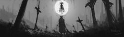  1other ambiguous_gender bloodborne cloak coat cross eldritch_abomination floating from_behind full_moon gloves greyscale hat highres holding holding_weapon hunter_(bloodborne) monochrome monster moon moon_presence_(bloodborne) outdoors saw saw_cleaver sky standing tentacle tripdancer weapon 