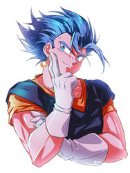  1boy blue_eyes blue_hair closed_mouth dragon_ball dragon_ball_super earrings gloves jewelry male_focus potara_earrings shumai_(sm318) simple_background smile solo super_saiyan super_saiyan_blue upper_body vegetto white_background white_gloves 