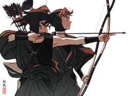  2boys absurdres aiming arm_guards arrow_(projectile) black_hair bow_(weapon) brown_hair closed_mouth covered_mouth cowboy_shot drawing_bow focused from_side hadanugi_dousa hair_tubes head_scarf high_ponytail highres hip_vent holding holding_arrow holding_bow_(weapon) holding_weapon ine_(zx_o4) japanese_clothes kema_tomesaburou long_hair long_sleeves looking_away male_focus multiple_boys ninja outstretched_arm ponytail profile rakudai_ninja_rantarou sash simple_background smile weapon white_background zenpouji_isaku 