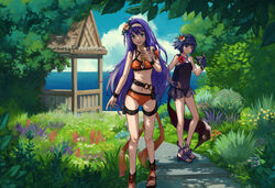  2girls bikini blue_eyes blue_gloves blue_hair blue_sky braid closed_mouth cloud crown_braid day fingerless_gloves fire_emblem fire_emblem:_radiant_dawn fire_emblem_awakening fire_emblem_heroes flower gloves grass hair_flower hair_ornament hairband high_heels highres holding holding_mask imageprogram_(kent) long_hair lucina_(fire_emblem) lucina_(summer)_(fire_emblem) mask mia_(fire_emblem) mia_(summer)_(fire_emblem) multiple_girls open_mouth outdoors see-through sky smile swimsuit thigh_strap tree unworn_mask water white_hairband wristband 