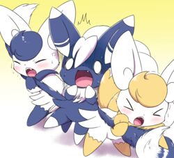  &gt;_&lt; 1boy 2girls alternate_color anger_vein angry bent_over blonde_hair blue_hair blush closed_eyes commentary_request fangs full_body furry gradient_background hands_up holding kemoribon meowstic meowstic_(female) meowstic_(male) multiple_girls multiple_tails o_o open_mouth pokemon pokemon_(creature) pulling scared shiny_and_normal shiny_pokemon short_hair simple_background standing sweat tail teeth trembling turn_pale two_tails white_eyes white_hair yellow_background 