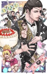  1boy 2020 abs birthday birthday_cake black_gloves black_shirt blonde_hair cake celebration coco_(h221414) crossdressing crown dress eyepatch facial_hair fangs fishnets food glass gloves goromi hachimaki hannya happy_birthday headband highres idol japanese_clothes kimono looking_at_viewer majima_goro makeup male_focus metal_baseball_bat multiple_persona necktie obliques okita_souji_(ishin) one-eyed open_clothes open_kimono osaka_(city) outstretched_arms pink_dress police police_uniform ponytail red_necktie ryuu_ga_gotoku_(film) ryuu_ga_gotoku_(series) ryuu_ga_gotoku_0 ryuu_ga_gotoku_1 ryuu_ga_gotoku_4 ryuu_ga_gotoku_ishin! ryuu_ga_gotoku_kenzan ryuu_ga_gotoku_kiwami samurai shirt shishido_baiken_(ryuu_ga_gotoku_kenzan) snake_print tokyo_(city) uniform wig yellow_background zombie zombie_pose 