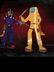  3:4 angry anthro blood bodily_fluids brother_(lore) brothers_(lore) brown_body brown_fur canid canine canis clothing digital_drawing_(artwork) digital_media_(artwork) digital_painting_(artwork) domestic_dog duo fur hazmat hazmat_suit hi_res machete male mammal melee melee_weapon police police_officer police_uniform pytex_wolf riot_police sibling_(lore) suit survivor swat uniform weapon wolf wounded yellow_clothing yellow_suit zombie_apocalypse 