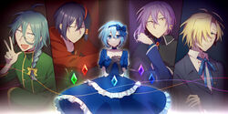  4boys :d :o ahoge antenna_hair aqua_hair ashe_bradley black_capelet black_eyes black_gloves black_hair blonde_hair blue_bow blue_choker blue_dress blue_eyes blue_flower blue_gemstone blue_hair blue_hairband blue_jacket blue_ribbon blue_shirt bow bow_hairband braid brooch capelet center_frills choker claire_elford closed_mouth collared_capelet collared_shirt column_lineup cowboy_shot crescent crescent_earrings crossed_bangs dress dress_flower dyed_ahoge earrings expressionless female flower frilled_choker frilled_dress frills gem gloves green_gemstone green_shirt hair_between_eyes hair_over_one_eye hair_tubes hairband hairbow hand_up hands_on_own_chest hood hoodie jacket jewelry lapel_pin layered_dress long_hair looking_at_viewer mary_(14476764) multicolored_hair multiple_boys neck_ribbon noel_levine own_hands_together puffy_short_sleeves puffy_sleeves purple_gemstone purple_hair red_eyes red_gemstone red_hair red_hoodie ribbon sanpaku shirt short_hair short_sleeves single_braid single_earring single_sidelock sirius_gibson smile spotlight straight-on streaked_hair string v-shaped_eyebrows w white_shirt wilardo_adler witch&#039;s_heart yellow_bow yellow_eyes 