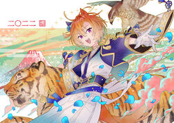  2022 animal_ears bad_id bad_pixiv_id bird blue_jacket commentary_request corset cropped_jacket egasumi falcon female futaba_(futaba_uc) gloves gradient_hair hair_between_eyes highres horse_ears horse_girl horse_tail jacket japanese_clothes kimono kimono_skirt looking_at_viewer multicolored_hair official_alternate_costume open_mouth orange_hair outstretched_arm partial_commentary petals purple_eyes short_hair smile solo t.m._opera_o_(blue_dazzle)_(umamusume) t.m._opera_o_(umamusume) tail teeth tiger_ears tongue umamusume upper_teeth_only white_gloves 