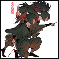  2boys arm_guards black_border black_footwear border charging_forward dual_wielding full_body green_headwear green_pants hair_tubes head_scarf high_ponytail hip_vent holding holding_weapon ine_(zx_o4) japanese_clothes jika-tabi kunai long_hair long_sleeves looking_away male_focus multiple_boys nakazaike_chouji nanamatsu_koheita ninja on_one_knee outstretched_arm pants pointing ponytail rakudai_ninja_rantarou reverse_grip rope running scar scar_on_cheek scar_on_face simple_background weapon white_background 